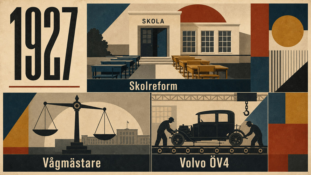 Infografik för Sverige 1927 som sammanfattar Skolreform, Vågmästare, Volvo ÖV4.