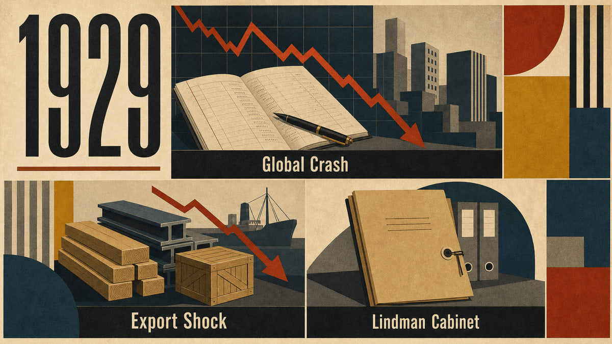 Infographic for Sweden in 1929 summarizing Global Crash, Export Shock, Lindman Cabinet.