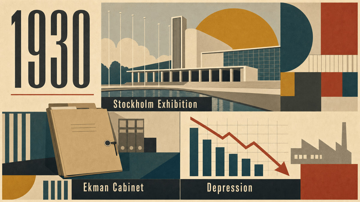 Infographic for Sweden in 1930 summarizing Stockholm Exhibition, Ekman Cabinet, Depression.