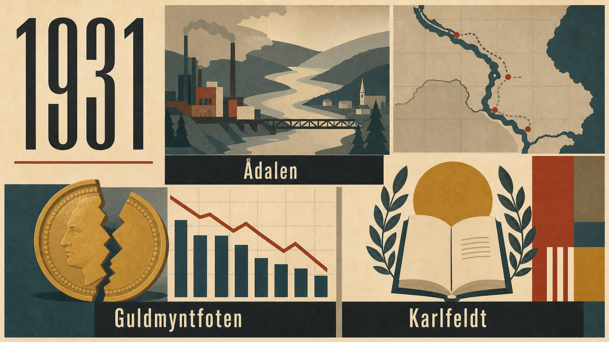 Infografik för Sverige 1931 som sammanfattar Ådalen, Guldmyntfoten, Karlfeldt.