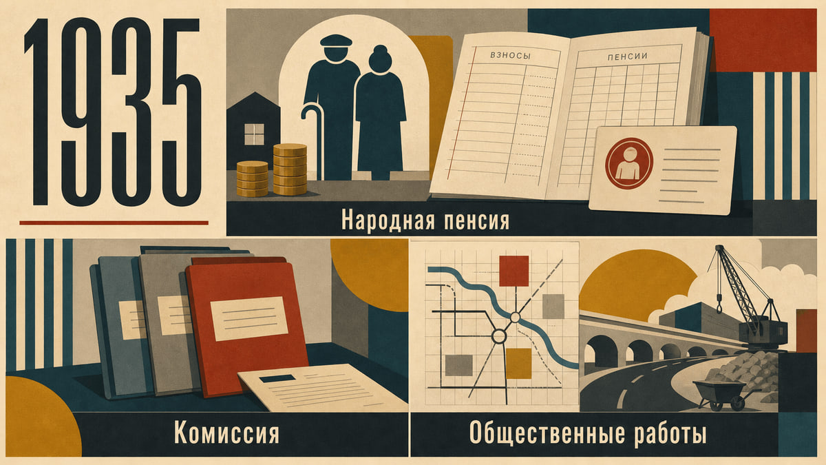Инфографика о Швеции 1935 года: Народная пенсия, Комиссия, Общественные работы.