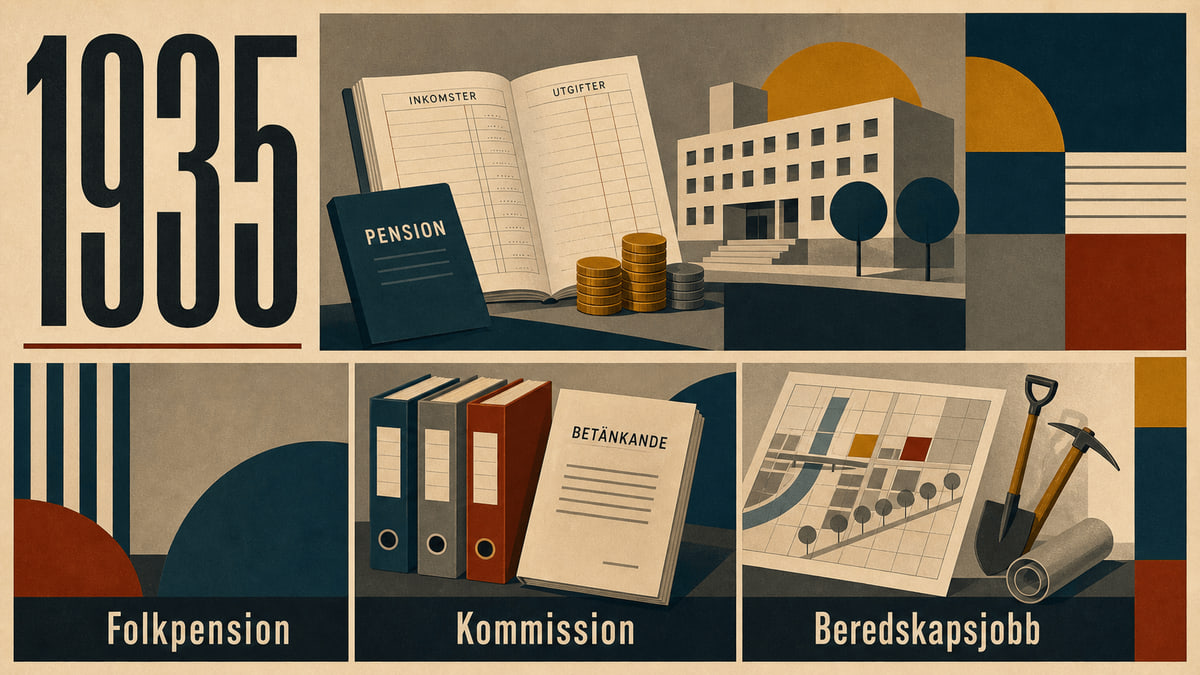 Infografik för Sverige 1935 som sammanfattar Folkpension, Kommission, Beredskapsjobb.