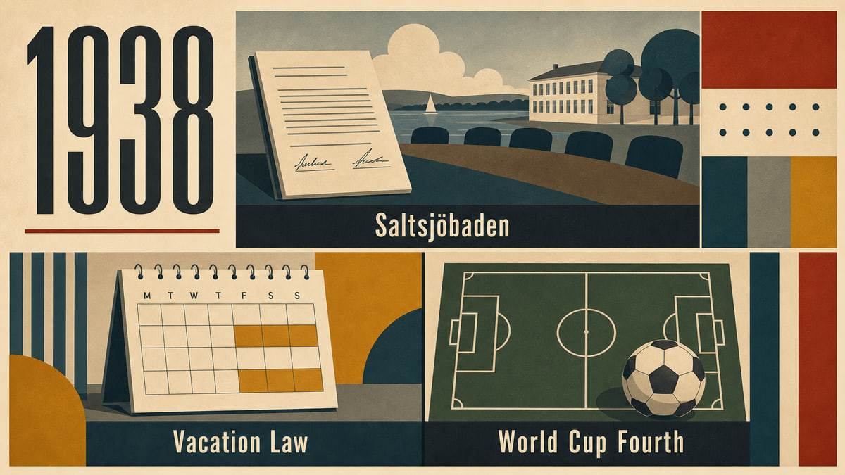 Infographic for Sweden in 1938 summarizing Saltsjöbaden, Vacation Law, World Cup Fourth.