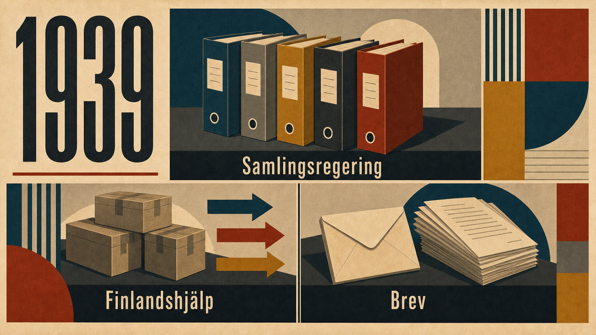 Infografik för Sverige 1939 som sammanfattar Samlingsregering, Finlandshjälp, Brev.