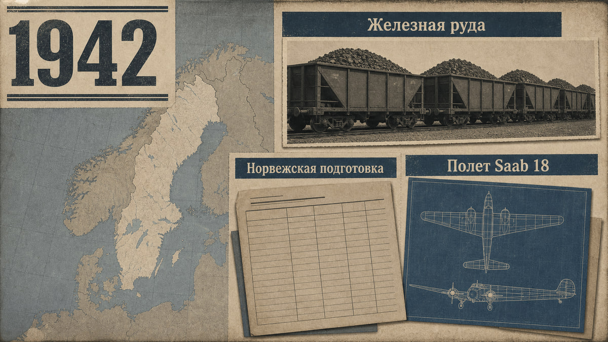 Инфографика о Швеции 1942 года с вагонами руды, учебным журналом и чертежом двухмоторного самолета.