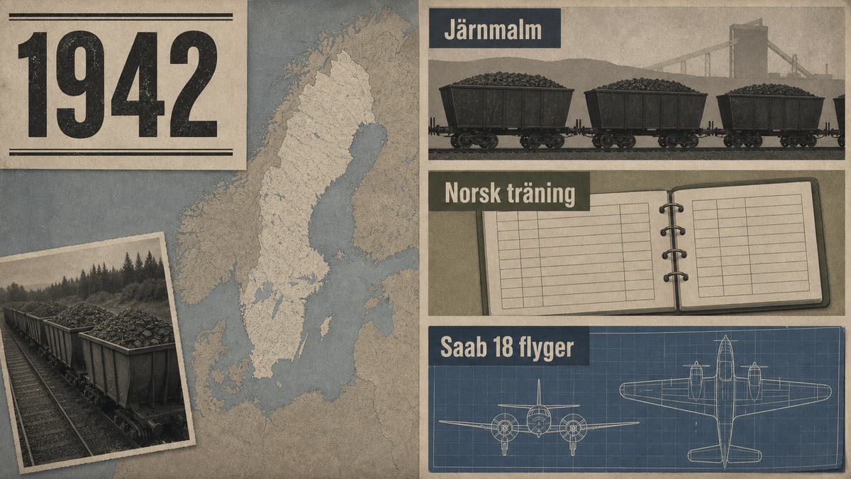 Infografik för Sverige 1942 med malmvagnar, en tom utbildningsliggare och en ritning av tvåmotorigt flygplan.