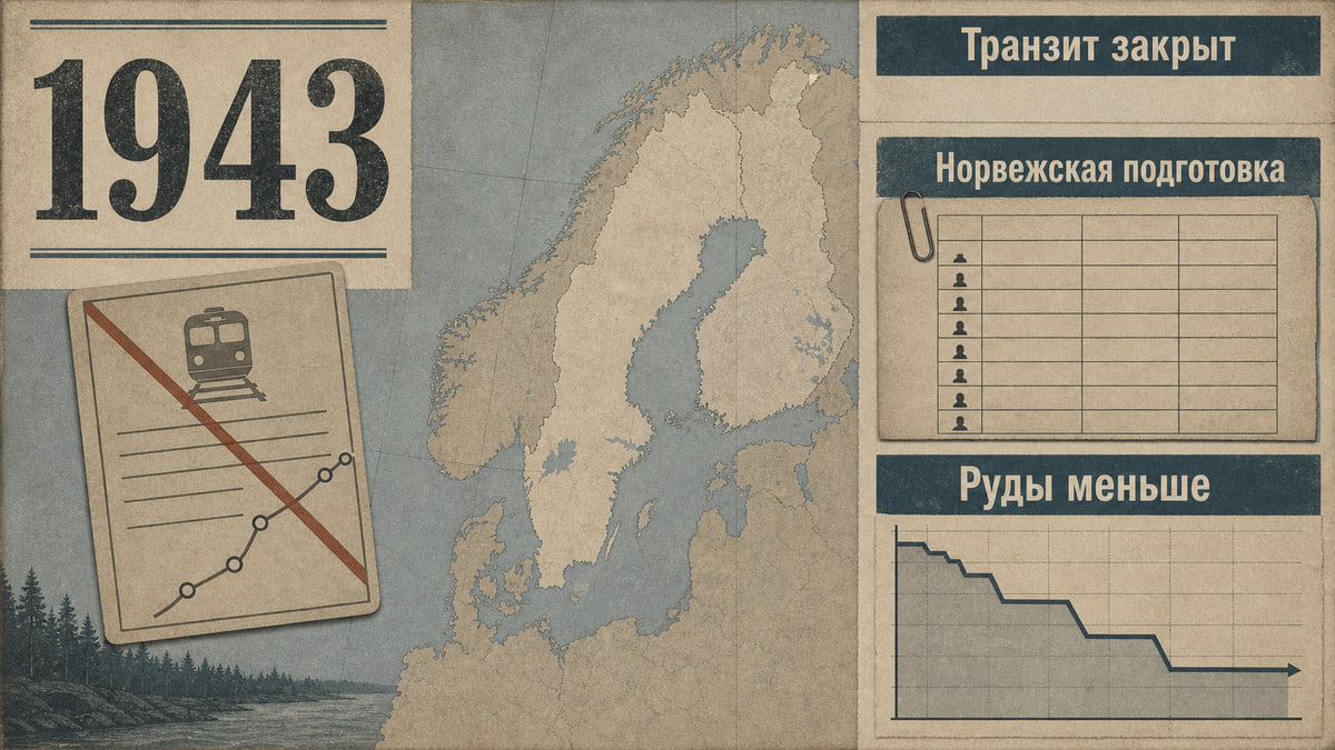 Инфографика о Швеции 1943 года с закрытым железнодорожным документом, учебным журналом, картой Севера и снижающимся графиком руды.