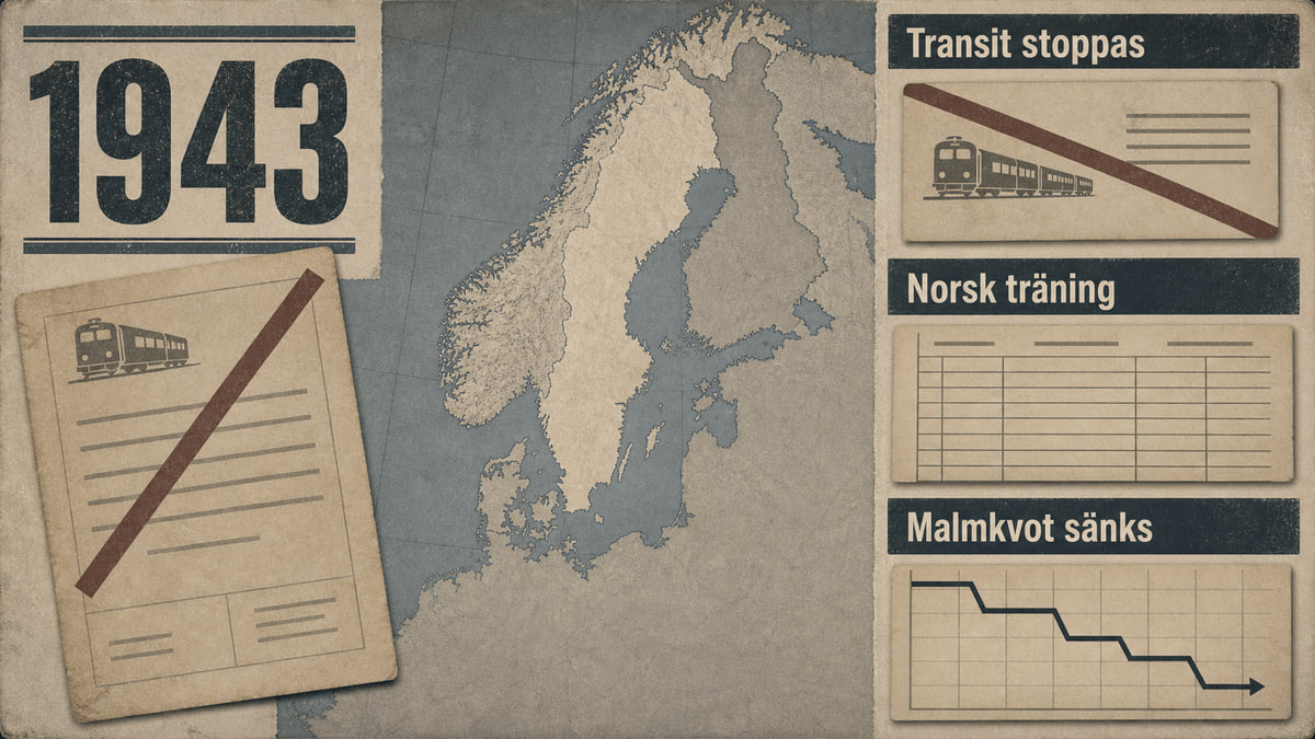 Infografik för Sverige 1943 med spärrat järnvägsdokument, utbildningsliggare, nordisk karta och fallande malmdiagram.