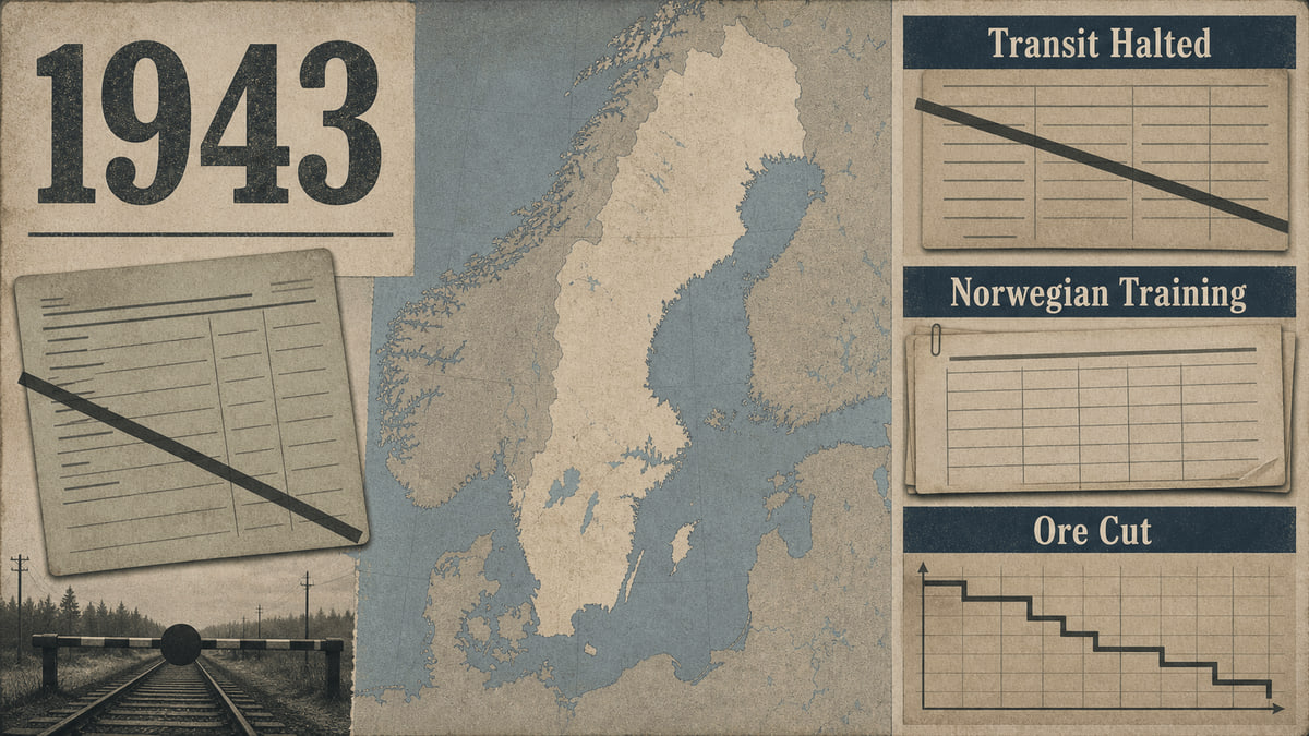Infographic for Sweden in 1943 with a crossed rail permit, training roster, Nordic map, and falling ore chart.