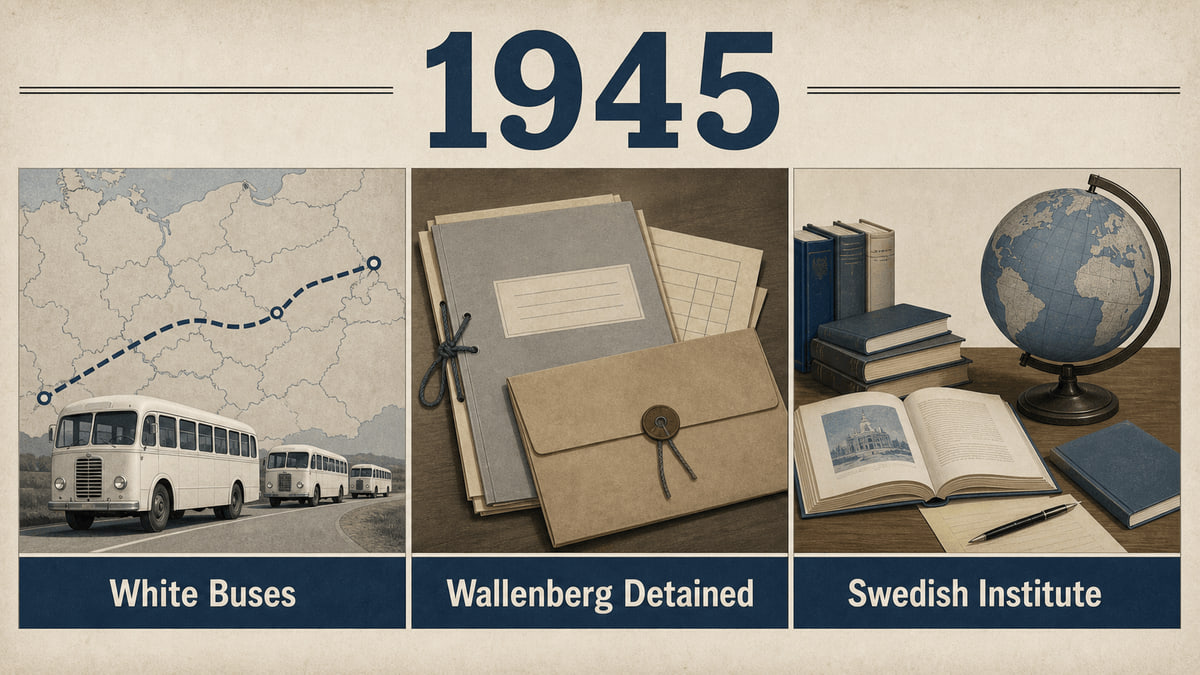 Infographic for Sweden in 1945 with white buses, a diplomatic file, books, and a globe.