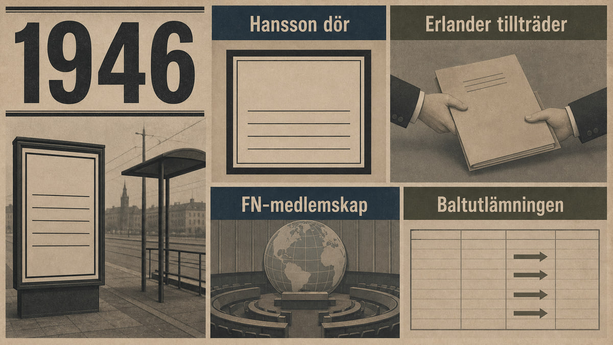 Infografik för Sverige 1946 med hållplatsanslag, överlämnad regeringsakt, generisk samlingsglob och hamnliggare.