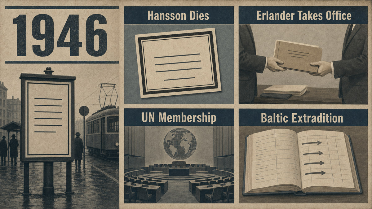 Infographic for Sweden in 1946 with a tram-stop notice, cabinet folder handover, generic assembly globe, and port ledger.