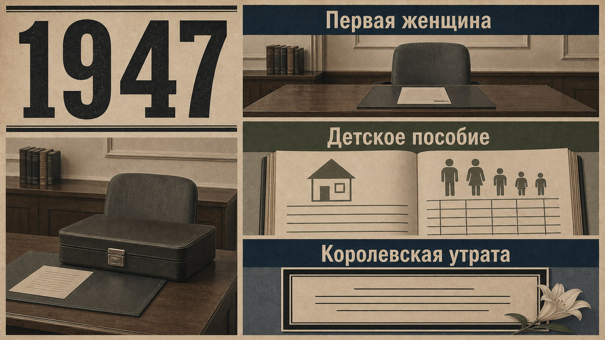 Инфографика о Швеции 1947 года с пустым столом кабинета, журналом пособий, семейными значками и памятным уведомлением.