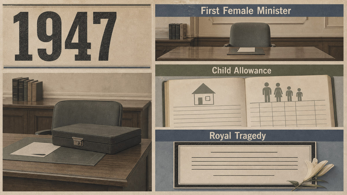 Infographic for Sweden in 1947 with an empty cabinet desk, benefit ledger, household icons, and a memorial notice.