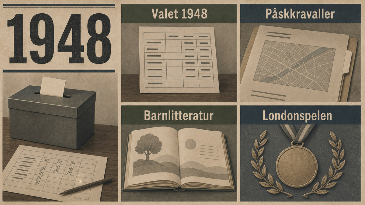 Infografik för Sverige 1948 med valmaterial, Stockholms gatukarta, barnbok och medaljsymbol.