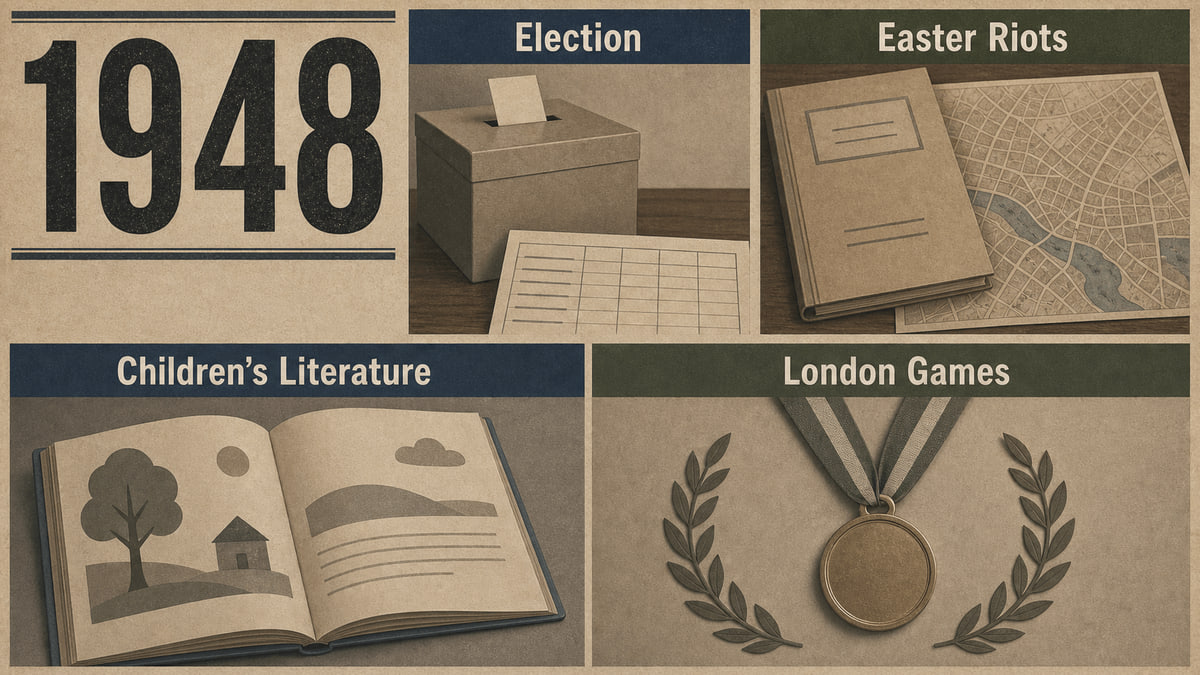 Infographic for Sweden in 1948 with ballot materials, a Stockholm street report, a children's book, and a medal symbol.