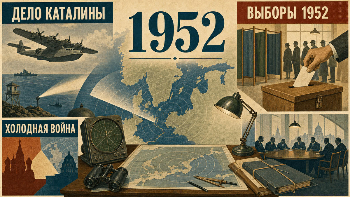 Инфографика о Швеции 1952 года с символами дела Каталины, выборов и холодной войны.