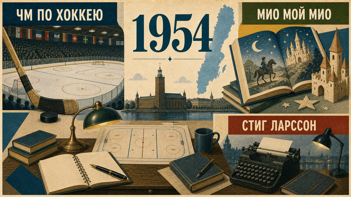 Инфографика о Швеции 1954 года с символами хоккея, детской литературы и пишущей машинки.