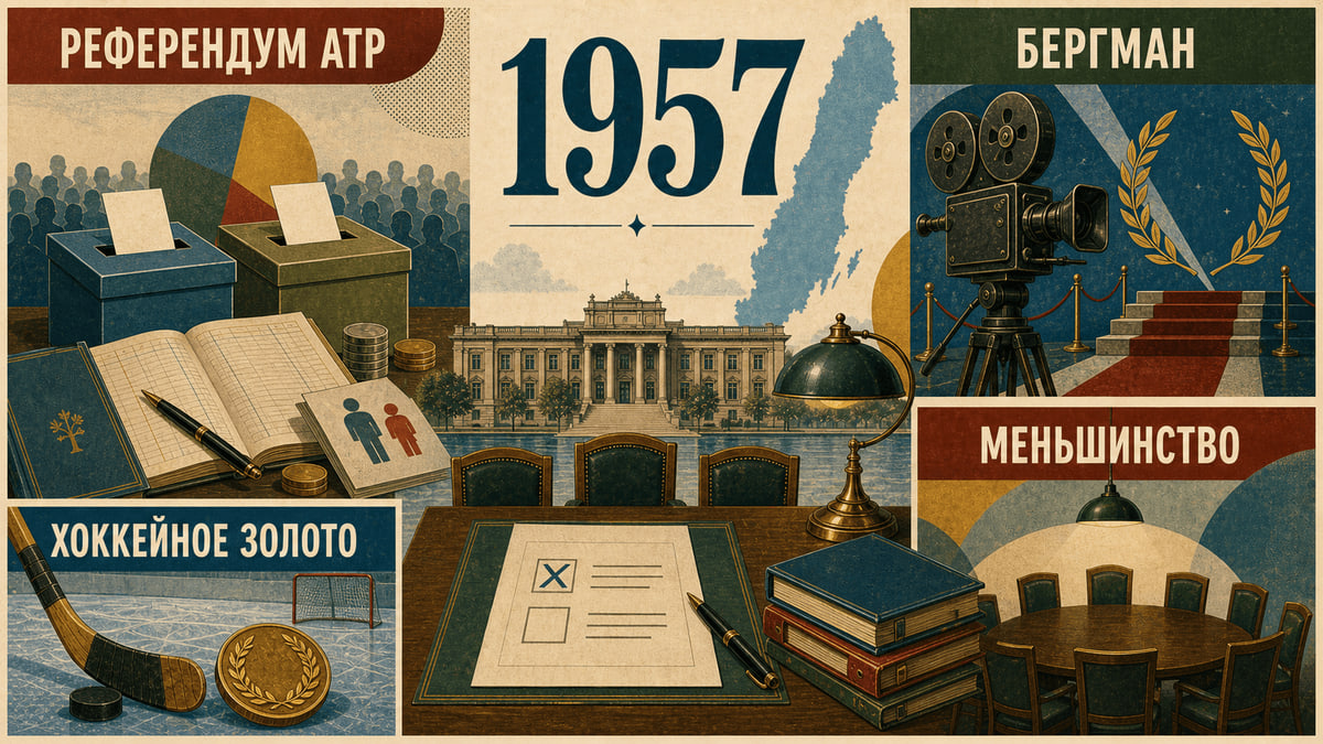 Инфографика о Швеции 1957 года с символами референдума, кино, хоккея и правительства меньшинства.