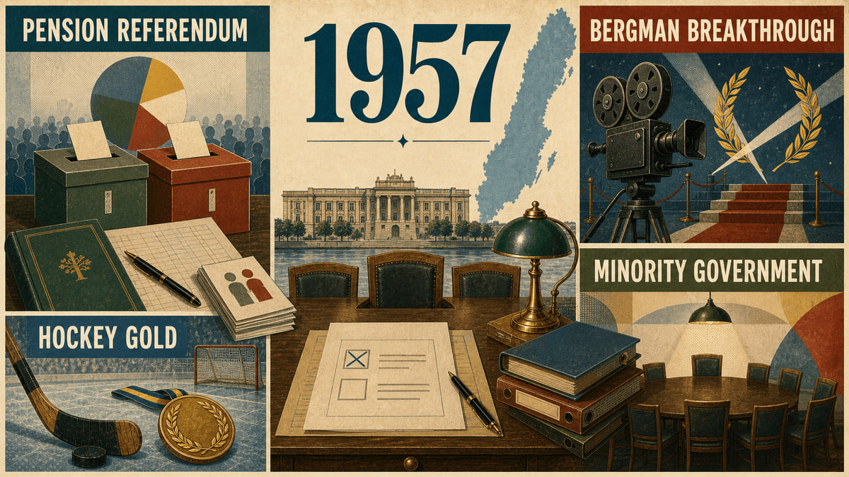 Infographic for Sweden in 1957 with referendum, cinema, hockey, and minority government symbols.