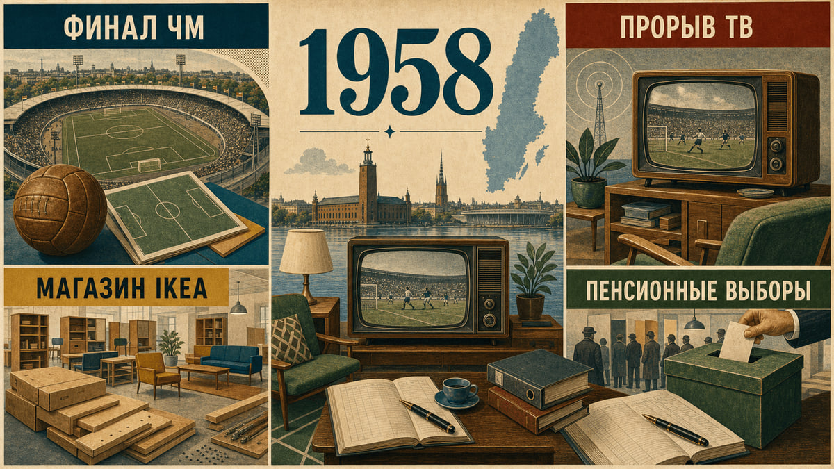 Инфографика о Швеции 1958 года с символами футбола, телевидения, мебельного магазина и пенсионных выборов.