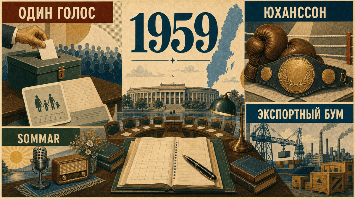 Инфографика о Швеции 1959 года с символами пенсионного голосования, бокса, радио и экспортной экономики.
