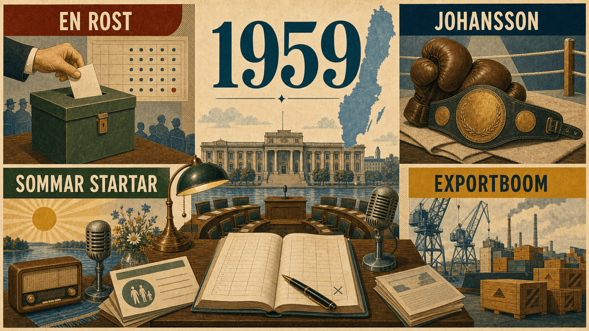 Infografik för Sverige 1959 med symboler för pensionsomröstning, boxning, radio och exportekonomi.