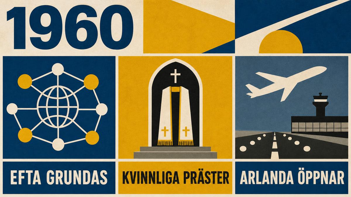 Infografik för Sverige 1960 med symboler för EFTA, kvinnliga präster och Arlanda.