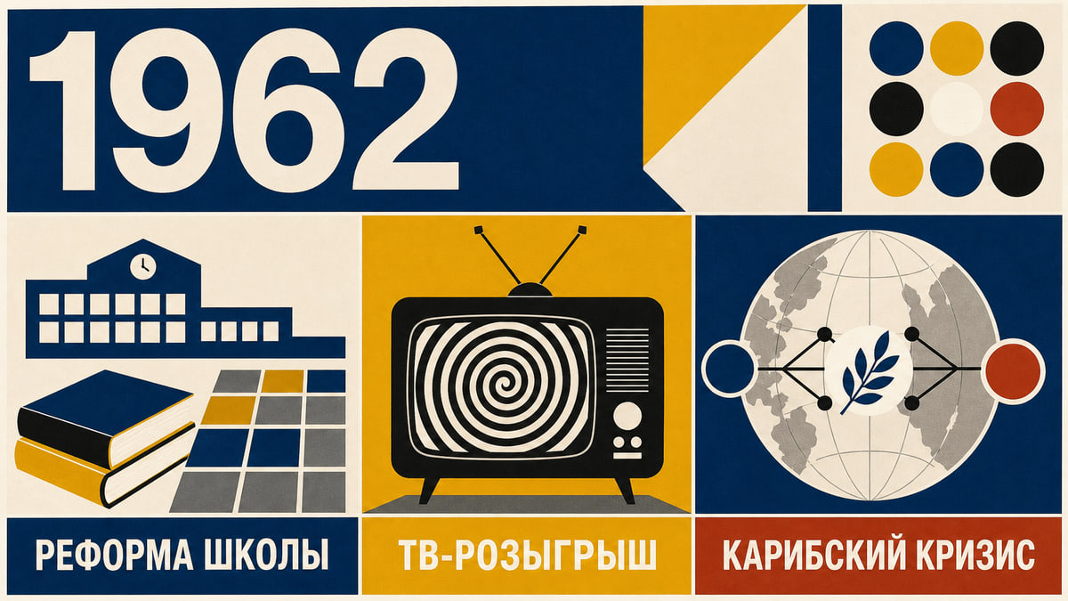 Инфографика о Швеции 1962 года с символами школьной реформы, ТВ-розыгрыша и Карибского кризиса.