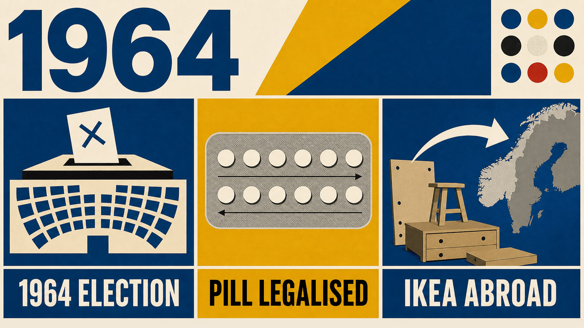 Infographic for Sweden in 1964 with election, pill approval, and furniture-export symbols.