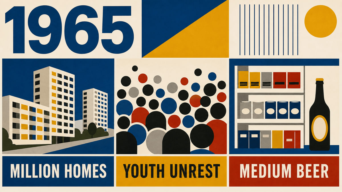 Infographic for Sweden in 1965 with housing, youth unrest, and medium-beer symbols.