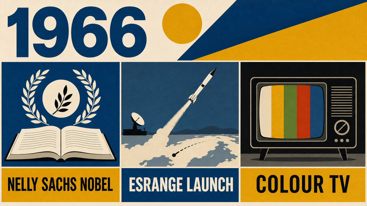 Infographic for Sweden in 1966 with Nobel literature, Esrange, and colour TV symbols.
