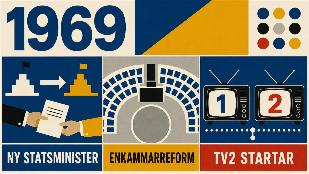 Infografik för Sverige 1969 med symboler för statsministerskifte, enkammarreform och TV2.