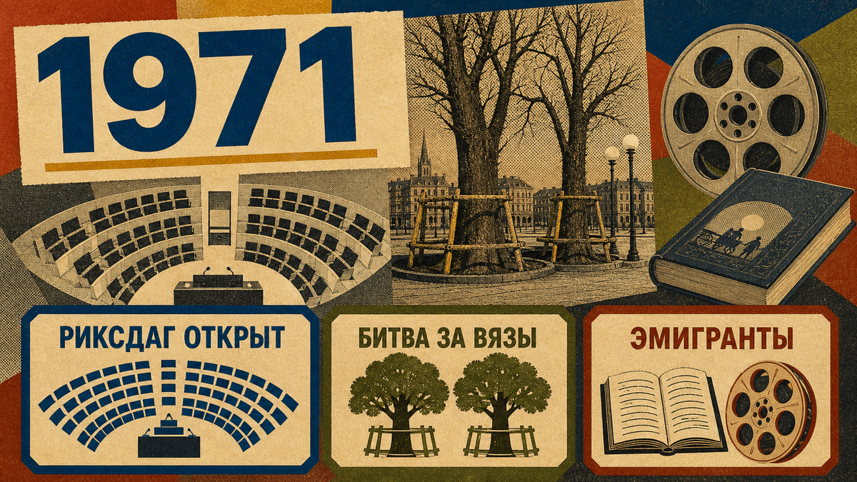 Инфографика о Швеции 1971 года с символами риксдага, защиты вязов и фильма «Эмигранты».