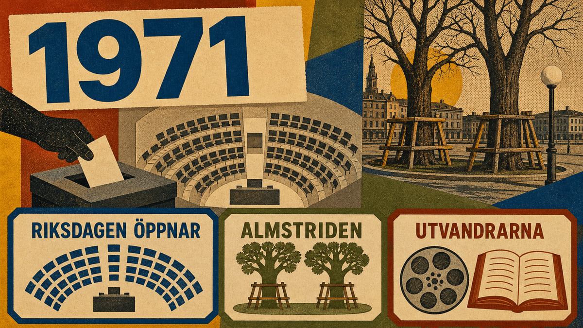 Infografik för Sverige 1971 med symboler för riksdagen, almstriden och Utvandrarna.