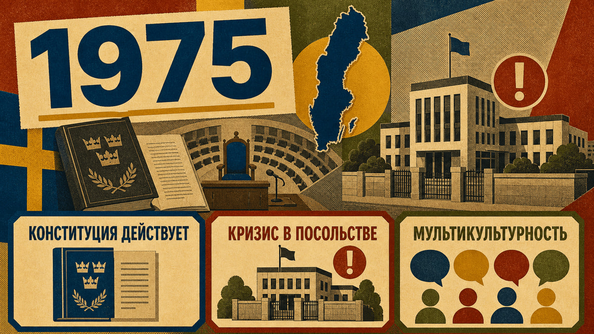 Инфографика о Швеции 1975 года с символами конституции, кризиса в посольстве и мультикультурности.