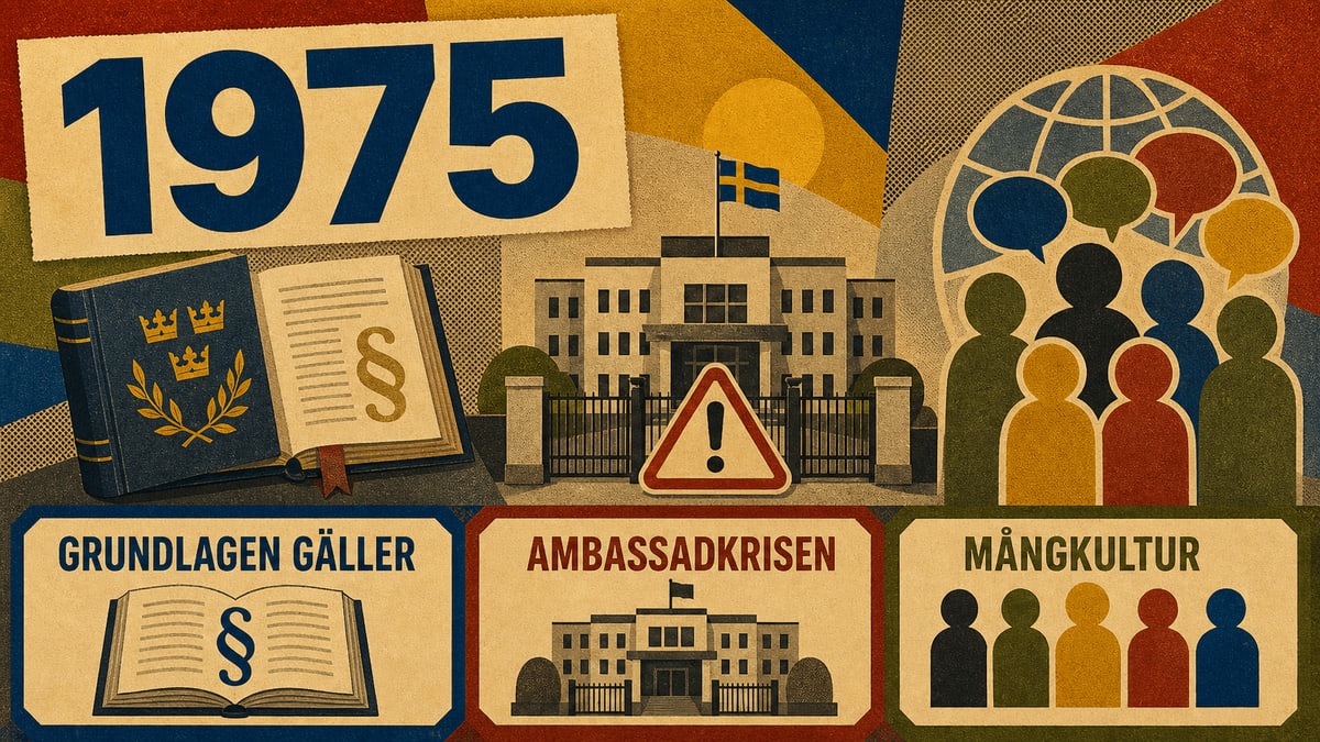 Infografik för Sverige 1975 med symboler för regeringsformen, ambassadkrisen och mångkultur.