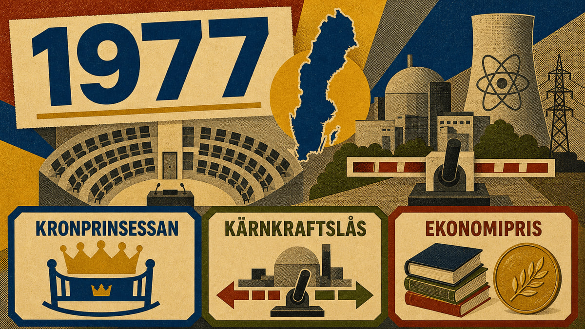 Infografik för Sverige 1977 med symboler för kronprinsessan, kärnkraftslåset och ekonomipriset.
