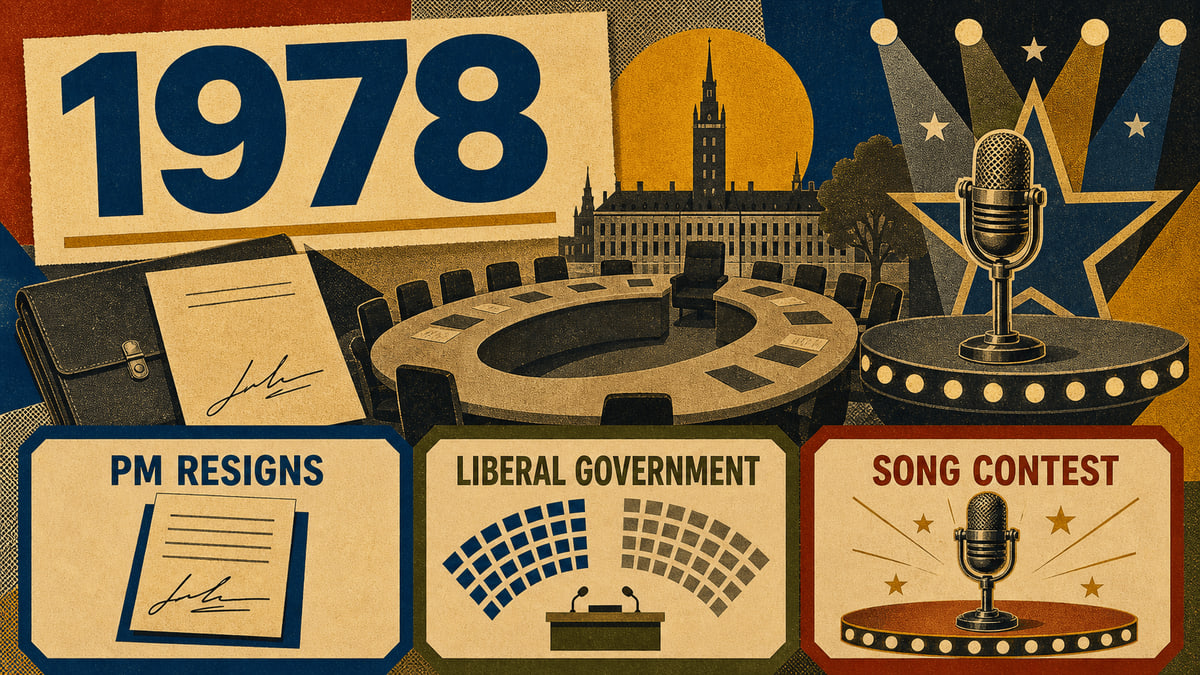 Infographic for Sweden in 1978 with PM resignation, Liberal government, and song-contest symbols.