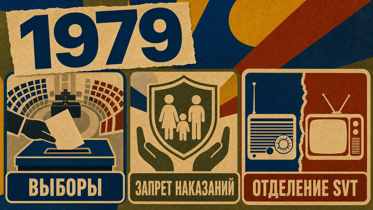Инфографика о Швеции 1979 года с символами выборов, защиты детей и отделения SVT.