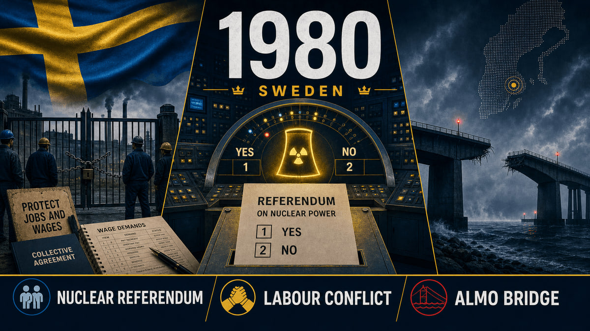 Infographic for Sweden in 1980 with nuclear referendum, labour lockout, and broken bridge symbols.