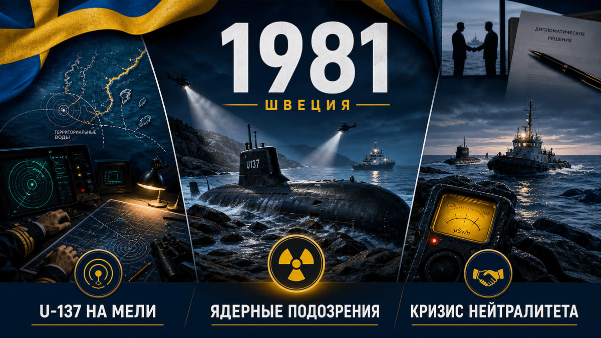 Инфографика о Швеции 1981 года с подлодкой на мели, сонаром и символами кризиса холодной войны.