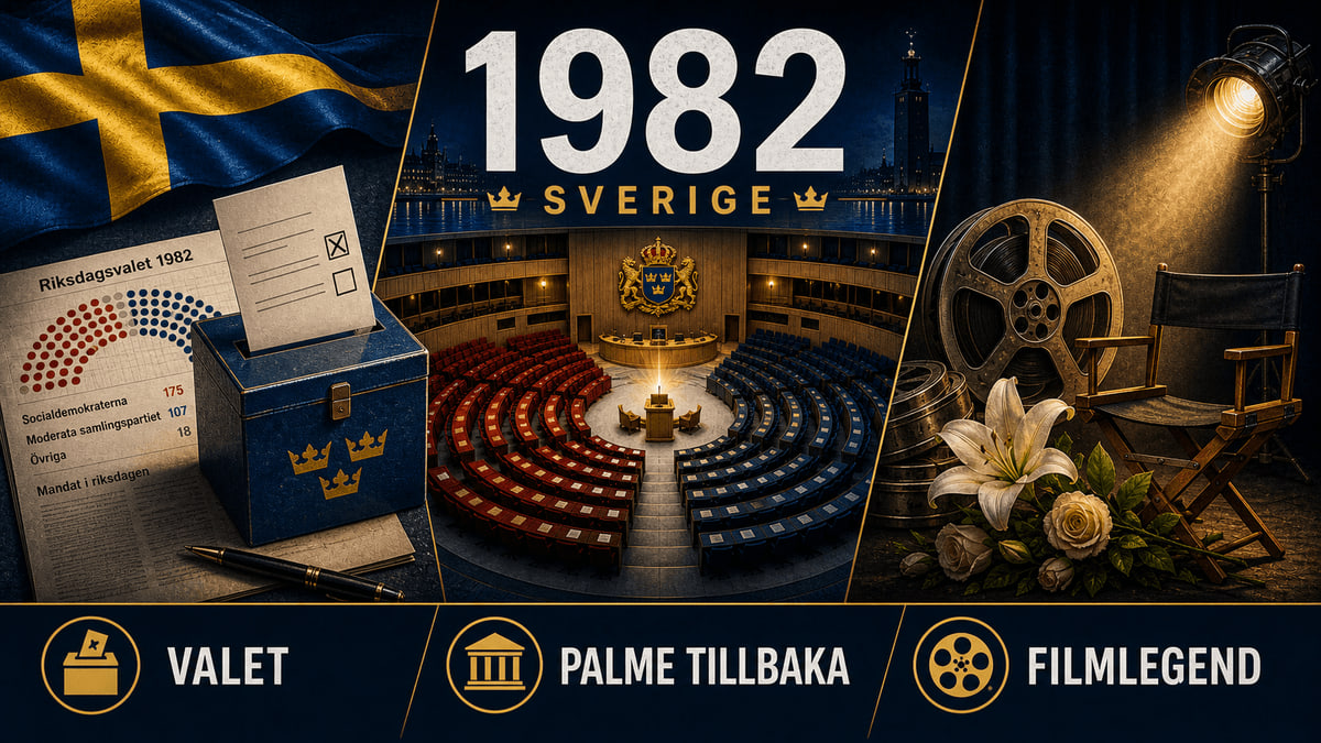 Infografik för Sverige 1982 med val, riksdag och filmhyllning.
