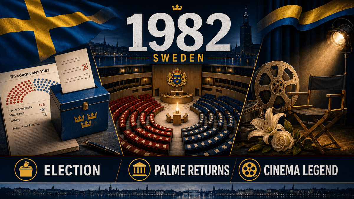 Infographic for Sweden in 1982 with election, parliament, and cinema tribute symbols.