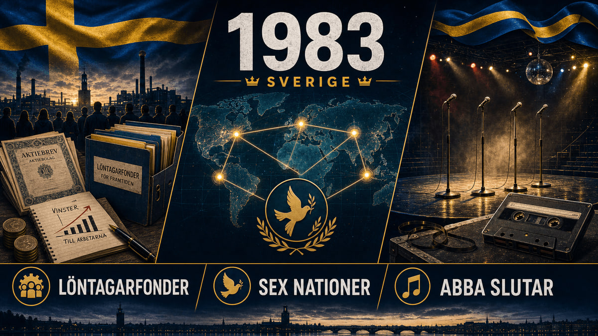 Infografik för Sverige 1983 med löntagarfonder, fredsdiplomati och tom musikscen.