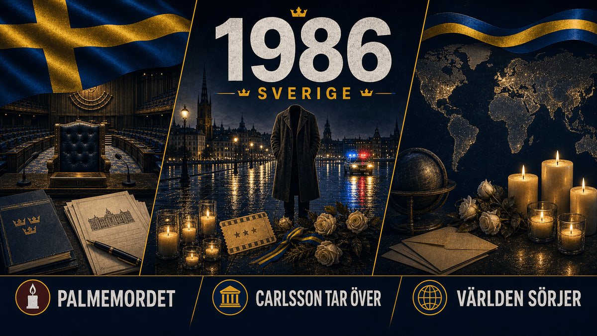 Infografik för Sverige 1986 med minnesgata, riksdag och internationell sorg.