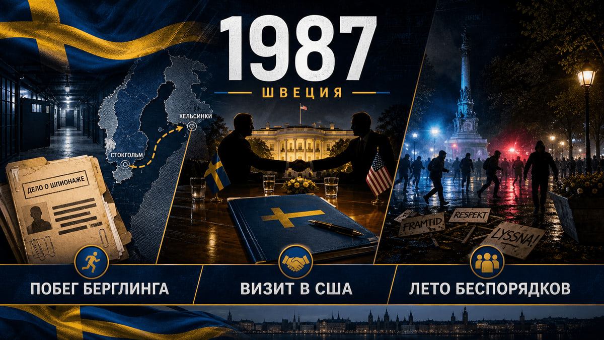 Инфографика о Швеции 1987 года с символами побега из тюрьмы, дипломатии и молодёжных беспорядков.
