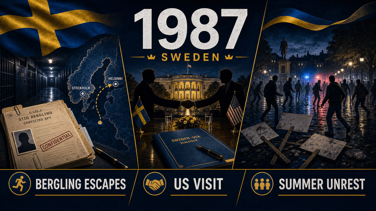Infographic for Sweden in 1987 with prison escape, diplomacy, and youth unrest symbols.