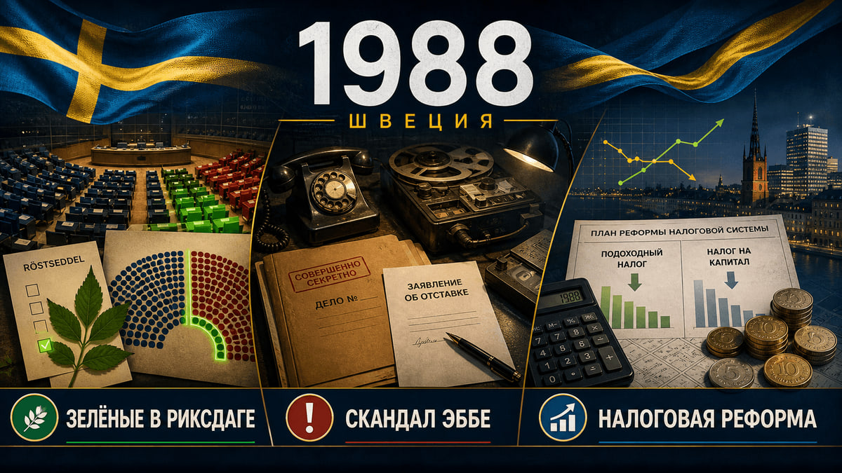 Инфографика о Швеции 1988 года с зелёными местами в риксдаге, телефонным скандалом и налоговой реформой.