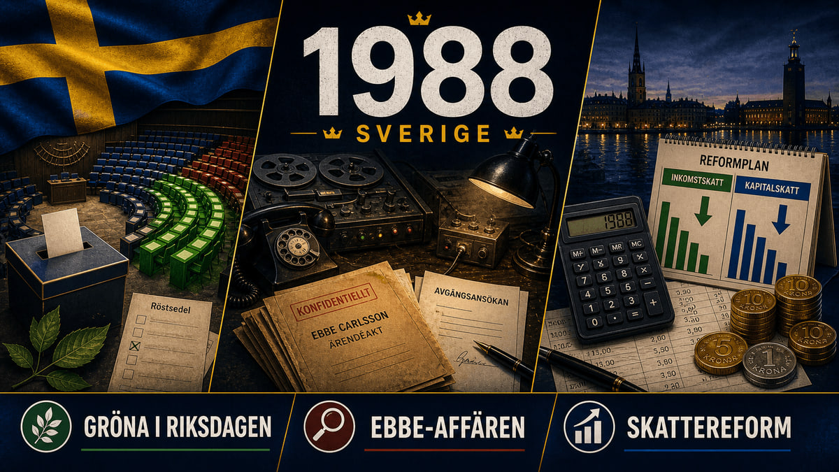 Infografik för Sverige 1988 med gröna riksdagsplatser, avlyssningsaffär och skattereform.